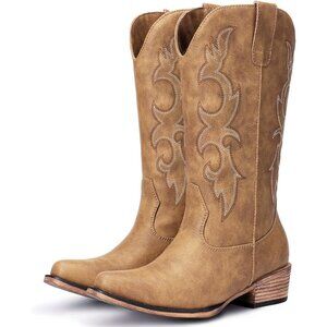 ⚡Women's Tan Embroidered Cowgirl Boots Western Mid Calf Fashion Chunky Heel